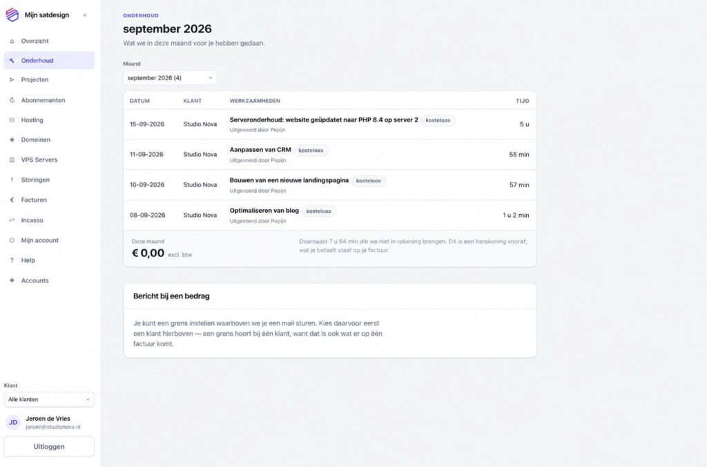 Mijn Satdesign portal, onderhoudoverzicht