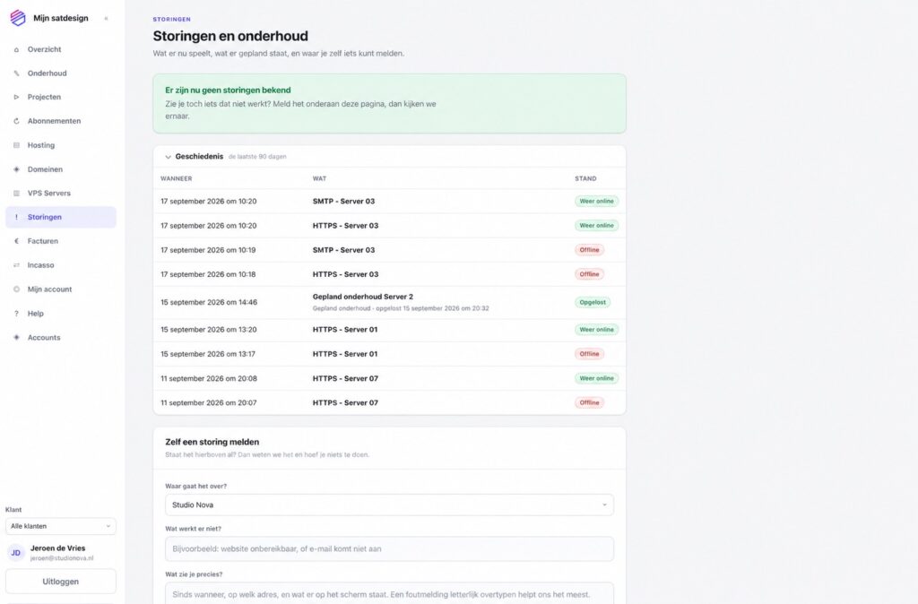 Mijn Satdesign portal, storingoverzicht